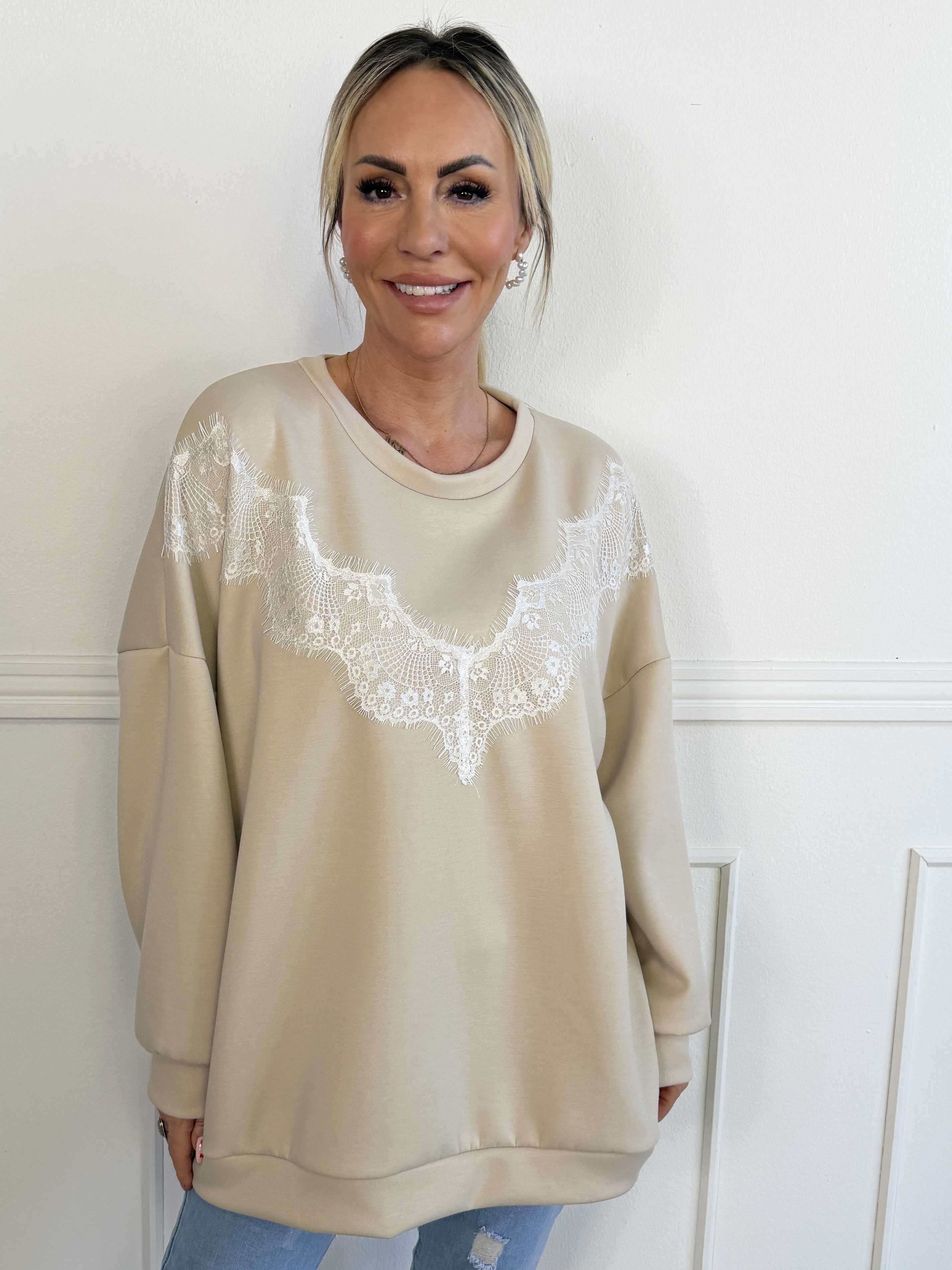 Abbelone - Joggingbluse i viskose med blonde henover brystet